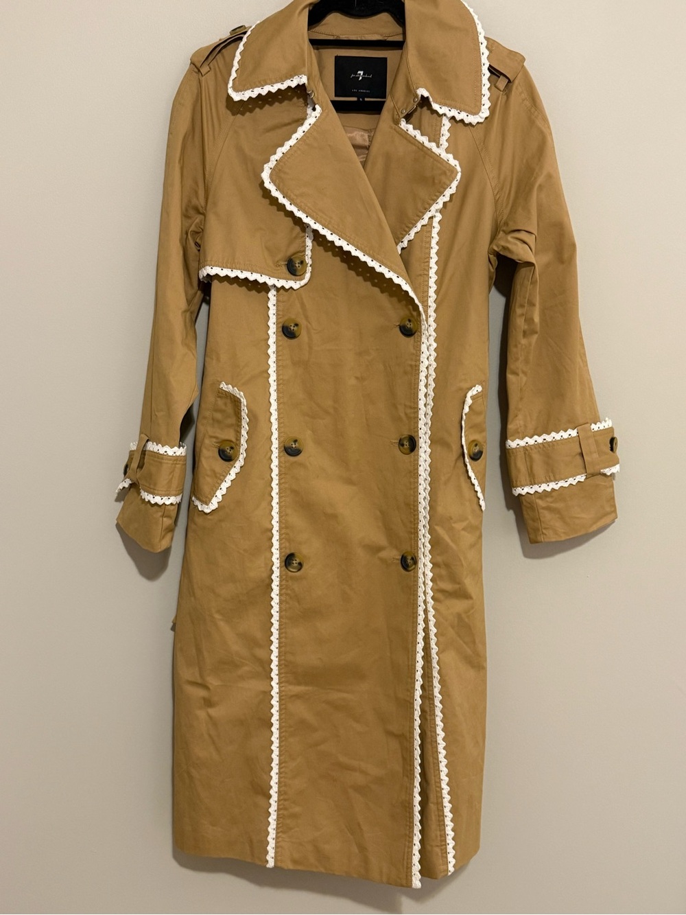 Camel Trench Coat White Ric Rac Trim Belted Double Breasted Statement Jacket - Picture 4 of 9